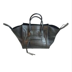 Celine Luggage Phantom Black Crocodile-Embossed Handbag